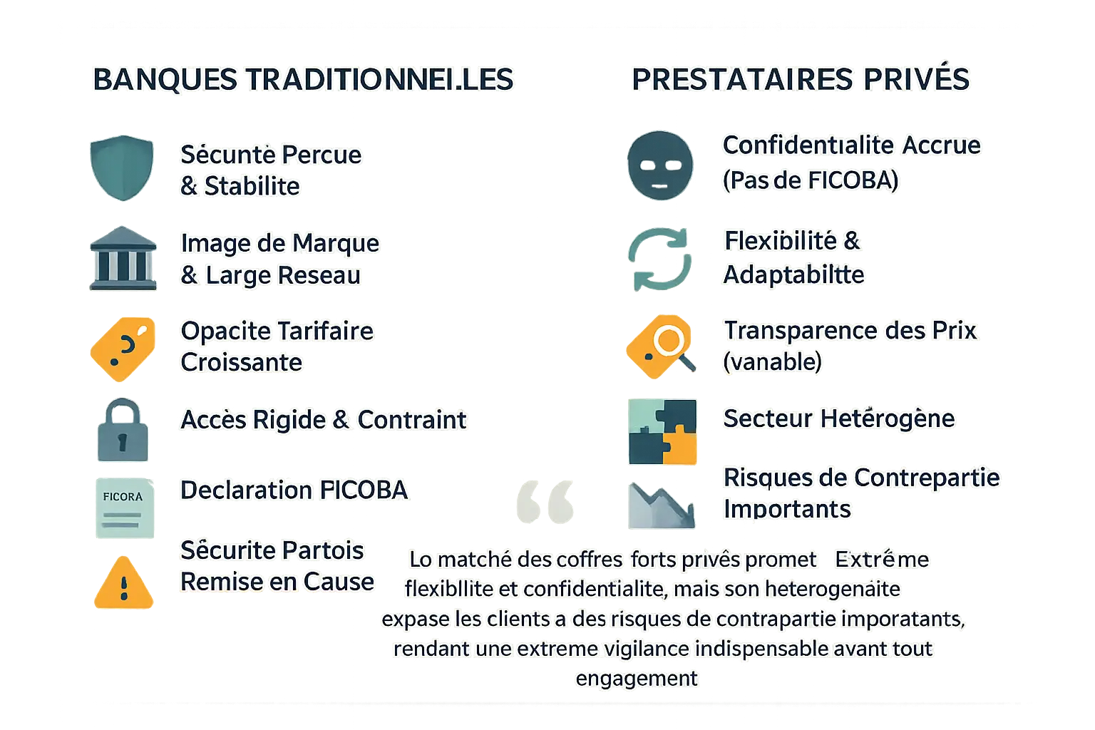 Comparaison visuelle entre les coffres bancaires traditionnels et les prestataires privés