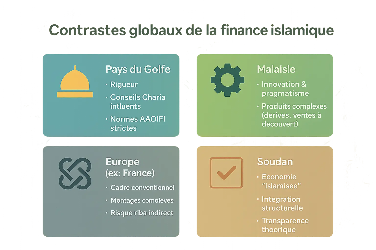 Carte mondiale illustrant les différences d'application de la finance islamique