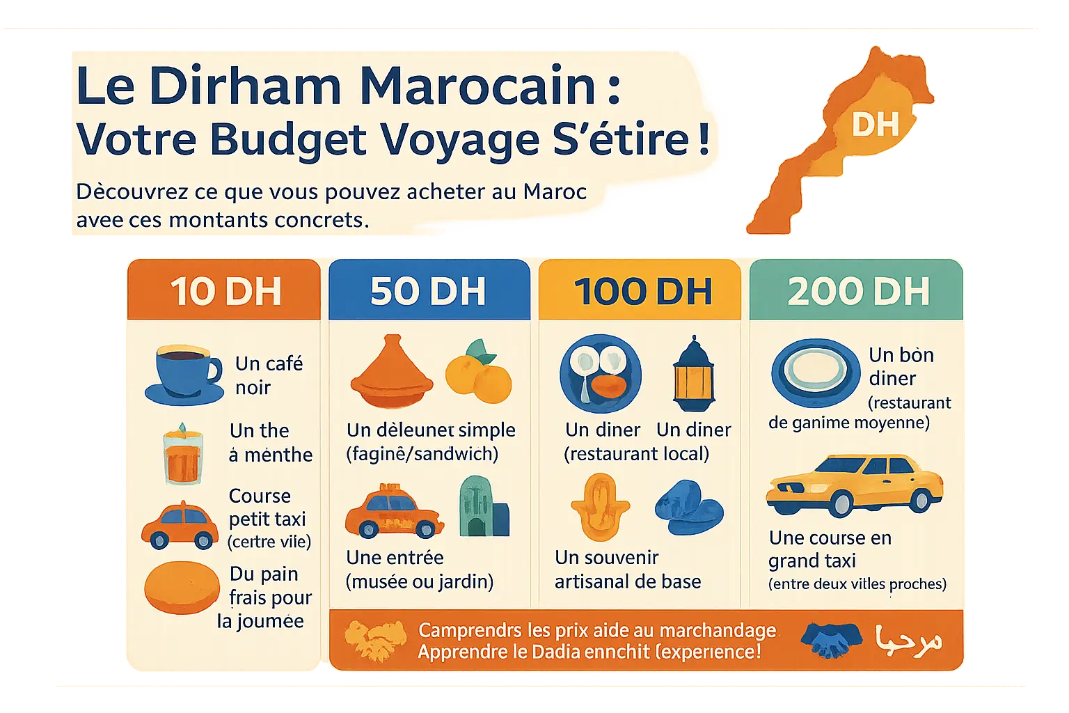 Pièces de dirham marocain et billets de banque étalés sur une table en bois