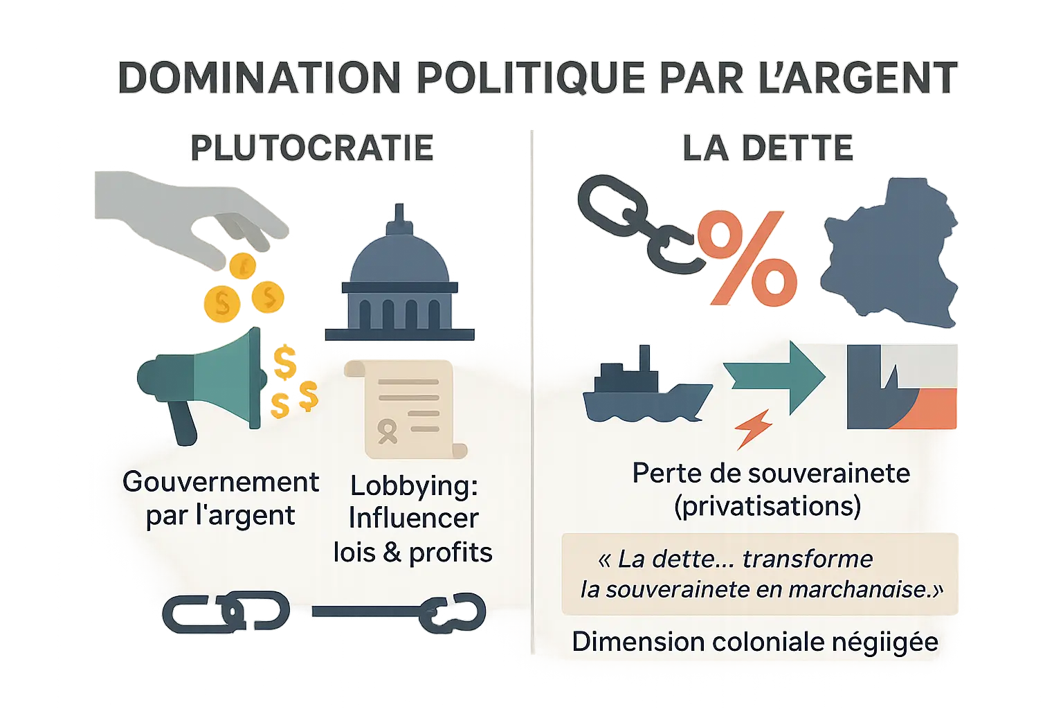 Illustration de la domination politique par l'argent, la plutocratie et la dette