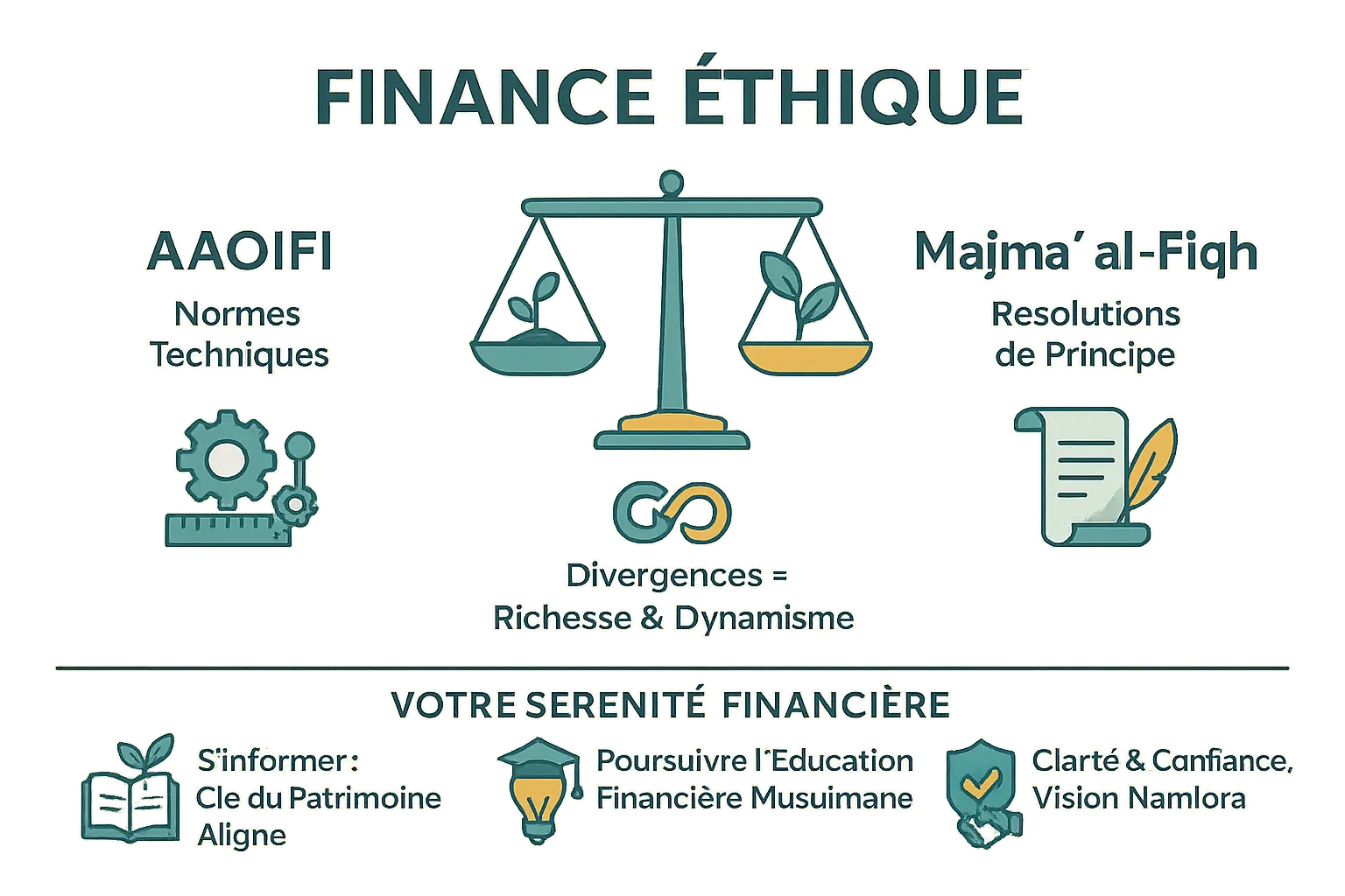 Illustration sur <strong>l’investissement éthique</strong> » width= »600″ height= »400″></p>
<p>⚠️ Disclaimer : Namlora n’est <strong>pas un conseiller en investissement</strong>. Ce contenu est éducatif et communautaire. Chacun reste responsable de ses décisions.</p>
<p>L’harmonie entre AAOIFI (normes techniques) et le Majmaʿ al-Fiqh (principes éthiques) <strong>réside dans leur complémentarité</strong>. Leur diversité est <strong>une force pour une finance islamique dynamique</strong>. En les comprenant, vous éclairez <strong>vos investissements alignés à vos valeurs</strong>. ⚠️ Disclaimer : Namlora n’est <strong>pas un conseiller en investissement</strong>. Contenu éducatif. Chacun reste <strong>responsable de ses choix</strong>.</p>
<h2>FAQ</h2>
<h3>Quelle est la règle des 5 % dans AAOIFI ?</h3>
<p>La règle des 5 % dans les normes AAOIFI est un seuil technique utilisé principalement dans les contrats de financement islamique, comme le <em>Mourabaha</em>, <strong>pour encadrer la prise de risque</strong>. Elle signifie que l’institution financière doit <strong>détenir une part minimale de 5 %</strong> du bien financé pour garantir une véritable implication économique. C’est un peu comme si vous achetiez une maison en vous assurant de posséder une petite part de terrain : cela <strong>renforce la solidité du contrat et évite les abus</strong>. Cette règle illustre comment les normes AAOIFI traduisent les principes de la finance islamique en pratiques concrètes et vérifiables.</p>
<h3>Quelles sont les normes AAOIFI ?</h3>
<p>Les normes AAOIFI sont des <strong>référentiels techniques qui guident le fonctionnement des institutions financières islamiques</strong>. Elles couvrent <strong>la comptabilité, l’audit, la gouvernance et la conformité</strong> à la Shariah. Imaginez-les comme un manuel d’utilisateur pour les banques : elles détaillent comment structurer des produits comme le <em>Ijara</em> (leasing) ou le <em>Mudaraba</em> (partenariat), tout en <strong>évitant les interdits comme le riba (intérêt)</strong>. Ces normes visent à harmoniser les pratiques mondialement, pour une transparence et une confiance accrues dans le secteur.</p>
<h3>Quels sont les principes fondamentaux de la finance islamique ?</h3>
<p>La finance islamique repose sur <strong>trois piliers simples</strong> :  1. <strong>Interdiction du riba (intérêt)</strong> : Les gains doivent découler d’un vrai partage de risque, pas d’un taux fixe.  2. <strong>Refus du gharar (incertitude excessive)</strong> : Les contrats doivent être clairs et équitables pour toutes les parties.  3. Légitimité des activités : Les investissements doivent respecter les valeurs éthiques (pas d’armes, d’alcool, etc.).  C’est comme cultiver un jardin : si les graines (les principes) sont saines, la récolte (les profits) est durable et bénéfique pour tous.</p>
<h3>Qu’est-ce que l’AAOIFI ?</h3>
<p>L’AAOIFI (Organisation comptable et d’audit pour institutions financières islamiques) est une institution qui <strong>établit des normes techniques pour les banques et fonds islamiques</strong>. <strong>Son rôle</strong> ? Permettre à ces institutions de fonctionner de manière transparente et conforme à la Shariah, en fixant des <strong>règles précises pour les contrats, les audits ou la gouvernance</strong>. C’est un peu l’ingénieur de la finance islamique : il fournit les plans pour que chaque produit soit <strong>solide, éthique et comparable à l’échelle mondiale</strong>. Ses normes sont adoptées par de nombreux pays, comme le Qatar ou le Bahreïn, <strong>pour encadrer l’industrie</strong>.</p>
]]></content:encoded>
					
					<wfw:commentRss>https://namlora.com/aaoifi-majma-differences-finance/feed/</wfw:commentRss>
			<slash:comments>0</slash:comments>
		
		<enclosure url=