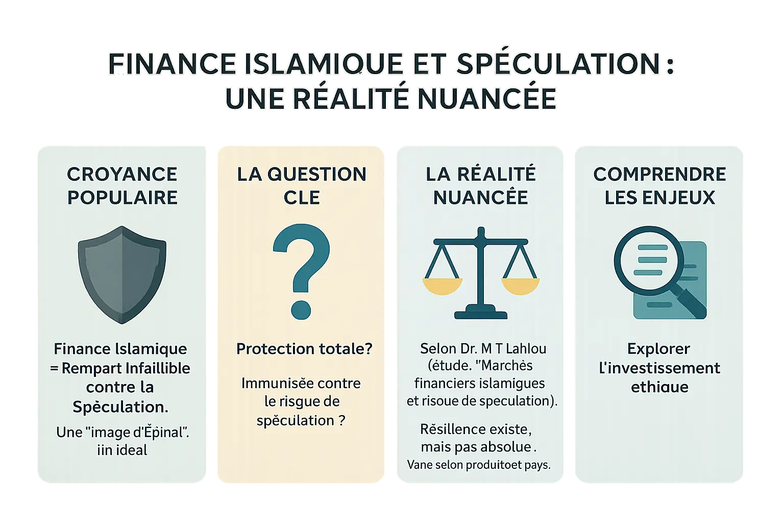Illustration de la <strong>finance islamique et de la spéculation</strong> » /></p>
<p>Beaucoup imaginent la finance islamique comme un bastion inébranlable contre la spéculation. Après tout, ses fondations interdisent le <em>riba</em> (intérêt), le <em>gharar</em> (incertitude excessive) et le <em>maysir</em> (jeu de hasard). <strong>Une idée séduisante, presque une image d’Épinal</strong>.</p>
<p>Pourtant, une question cruciale se pose : cette protection est-elle réelle ou simplement théorique ? La finance islamique est-elle vraiment <strong>immunisée contre le risque de spéculation</strong>, ou des fissures existent-elles dans ce système réputé éthique ?</p>
<p>Pour y répondre, tournons-nous vers les travaux du Dr. Mohammed Talal Lahlou. Dans sa thèse « Marchés financiers islamiques et risque de spéculation », il démontre que <strong>la réalité est plus nuancée</strong>. Si les principes sont robustes, leur application varie selon les pays et les produits.</p>
<p>Son analyse révèle un constat clair : <strong>les failles existent</strong>. Des <em>sukuk</em> adossés à de la dette aux <em>murabaha</em> utilisés comme prêts déguisés, les dérives sont possibles. La Malaisie autorise même des produits comme les <em>futures</em>, malgré l’interdiction théorique.</p>
<p>Cette section posera les bases d’un débat essentiel : comment préserver l’esprit éthique de la finance islamique face aux réalités des marchés ? Une réponse à découvrir dans les lignes suivantes.</p>
<h2 id=