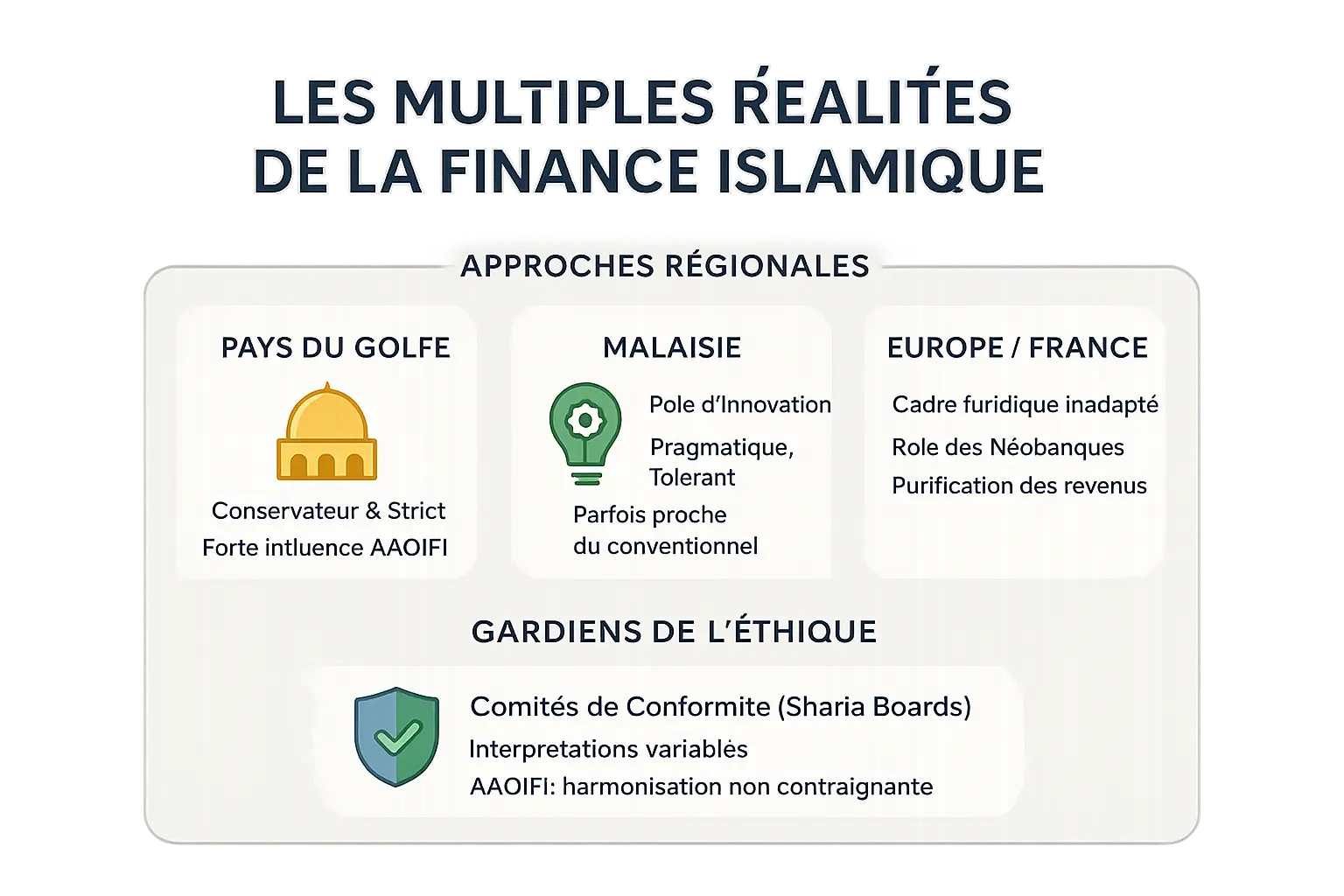 Carte du monde illustrant les différentes approches de la finance islamique