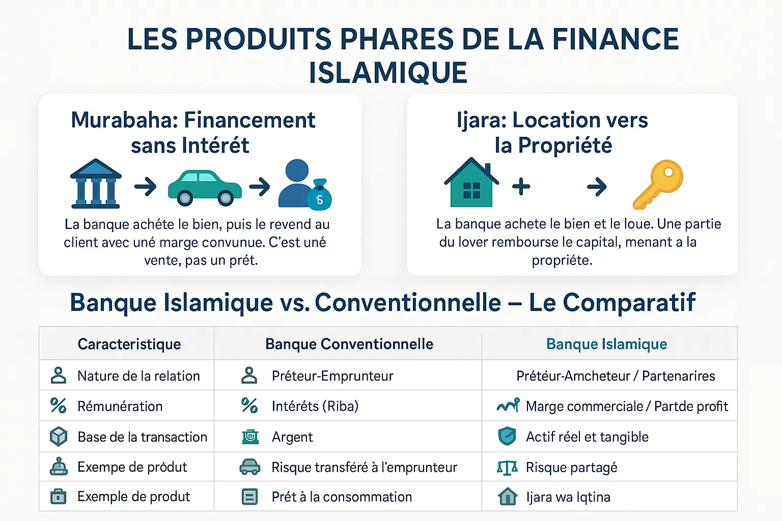 Illustration de la <strong>différence entre finance islamique et conventionnelle</strong> » /></p>
<h3>La Murabaha : financer un achat sans intérêt</h3>
<p>La Murabaha incarne l’éthique de la finance islamique en évitant le riba. Exemple : un entrepreneur souhaite acheter un camion. La banque achète le véhicule, puis le revend avec une marge étalée en mensualités. Contrairement à un prêt, <strong>c’est une vente, échappant à l’interdiction des intérêts</strong>.</p>
<p>Un détail clé : la banque doit physiquement posséder le bien avant de le céder. Cela élimine le gharar (incertitude excessive) en liant la transaction à un actif réel. Ce mécanisme <strong>permet à des entrepreneurs sans apport de démarrer des projets</strong>, un principe central dans l’écosystème Namlora.</p>
<h3>L’Ijara : la location qui mène à la propriété</h3>
<p>L’Ijara incarne la stabilité des contrats islamiques. Imaginons un artisan souhaitant acquérir un atelier. La banque achète le local et le loue en versant une partie du loyer vers le capital. À la fin du contrat, la propriété est transférée. Contrairement au leasing conventionnel, <strong>la banque reste propriétaire de l’actif pendant la période</strong>, assumant les risques d’usure.</p>
<p>Ce modèle évite le maysir (spéculation) en alignant les intérêts des deux parties sur la réussite du projet. En Malaisie, des banques utilisent l’Ijara pour financer des énergies renouvelables, illustrant <strong>la flexibilité des produits islamiques pour soutenir l’économie verte</strong>, un axe clé de Namlora.</p>
<h3>Banque islamique vs conventionnelle : le comparatif</h3>
<p>Les différences structurelles résident dans la gestion du risque et la matérialité des actifs. Les banques classiques transfèrent tout le risque au client, tandis que les <strong>modèles islamiques comme la Mudaraba partagent profits et pertes</strong>. Par exemple, une startup en Indonésie a obtenu un financement sans apport, la banque devenant actionnaire temporaire via un partage des bénéfices.</p>
<p>Le tableau souligne que <strong>la finance islamique valorise des actifs tangibles</strong>. Un crédit immobilier classique génère des intérêts sur un simple prêt, alors que l’Ijara wa Iqtina lie chaque paiement à un bien concret. En Europe, des néobanques comme <em>Gate2Bank</em> utilisent la purification des revenus (tazkiyah) pour éliminer les bénéfices indirectement liés au riba, renforçant la confiance des investisseurs.</p>
<p>Les normes de l’AAOIFI jouent un rôle clé dans la standardisation. En recentrant les exigences sur la traçabilité des actifs pour les Sukuk, cet organisme <strong>réduit les dérives de certains pays asiatiques</strong>. Cette évolution marque une volonté de concilier innovation et conformité, un équilibre au cœur du projet Namlora.</p>
<h2 id=