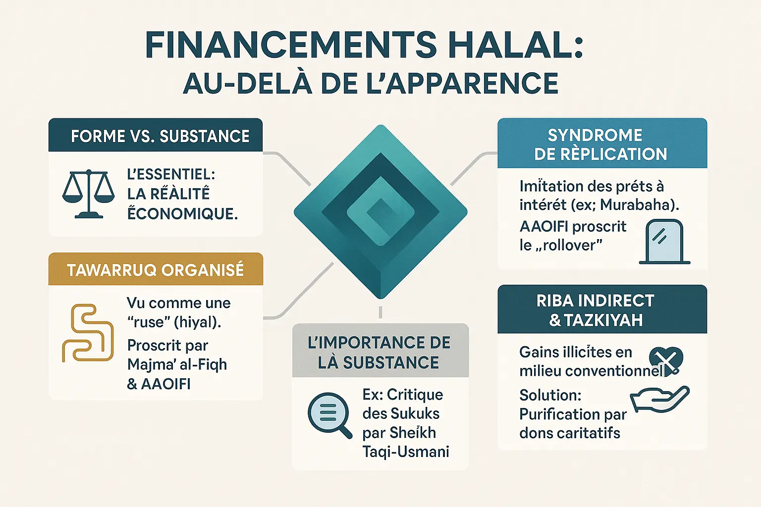 <strong>Financements halal : au-delà de l’apparence</strong> » /></p>
<p>Lorsqu’on cherche à investir dans l’immobilier selon les principes islamiques, la véritable conformité réside dans la substance économique et non dans la forme juridique du contrat. Le Dr. Mohammed Talal Lahlou et l’AAOIFI soulignent ce risque de « déviance formelle » dans les produits actuels, où certains mécanismes, bien que légaux, trahissent l’esprit de la finance islamique en imitant des outils conventionnels. Cette <strong>tension entre <em>form</em> et <em>substance</em></strong> est centrale pour un investissement éthique.</p>
<h3 id=