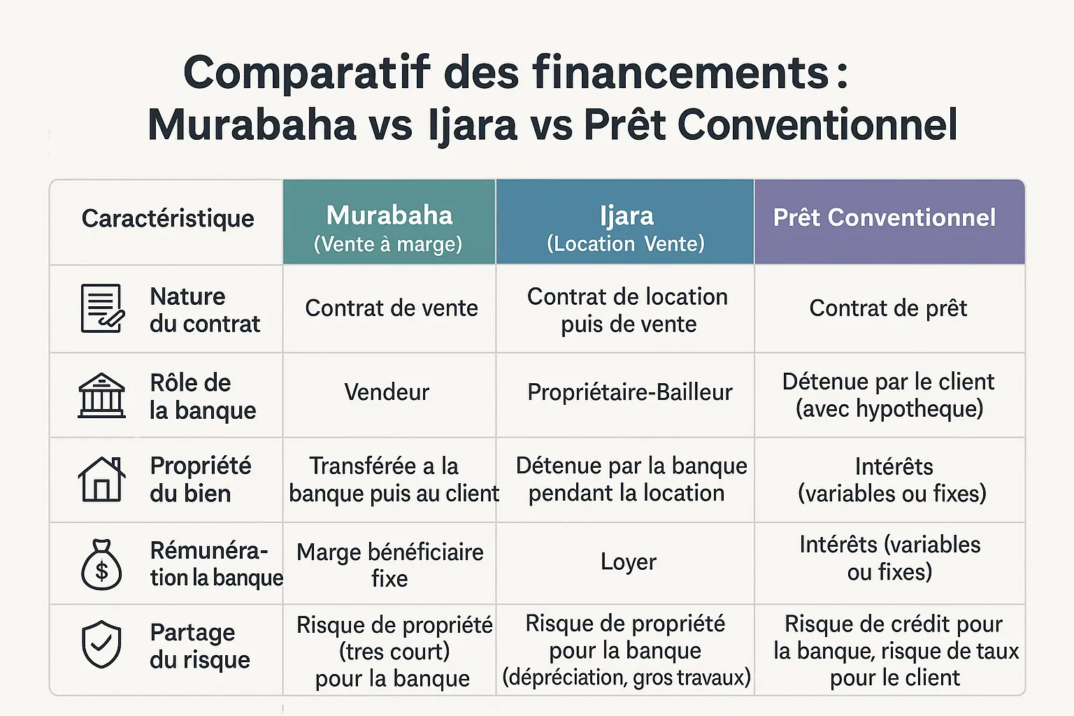 <strong>Comparatif des financements : Murabaha vs Ijara vs Prêt Conventionnel</strong> » width= »600″ height= »400″ /></p>
<p>Le financement par Murabaha repose sur un contrat commercial où la banque achète le bien immobilier pour le revendre au client avec une marge bénéficiaire fixe. Contrairement à un prêt traditionnel, <strong>la banque devient propriétaire temporaire du bien</strong> avant de le céder, évitant ainsi le riba.</p>
<p>Le client rembourse le prix échelonné sur une période allant jusqu’à 25 ans, avec un apport personnel requis (15-30 %). Ce système respecte les principes islamiques, la banque partageant le risque de possession et étant <strong>rémunérée par une marge claire, non par des intérêts</strong>.</p>
<h3 id=