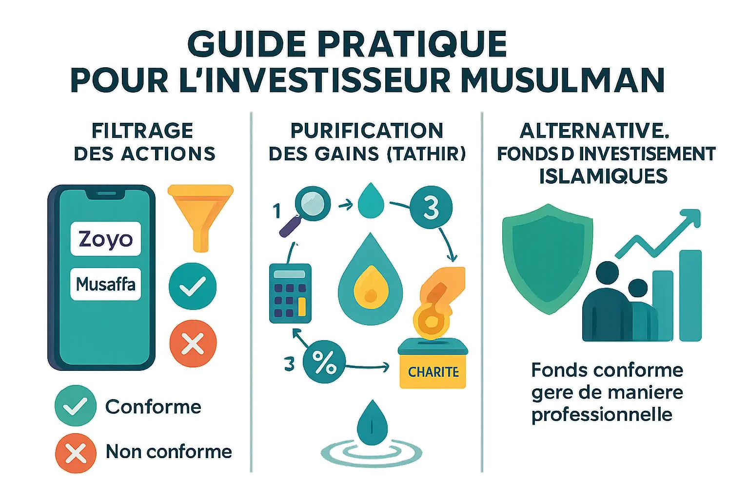 Illustration d'un investisseur musulman consultant un écran avec des graphiques halal