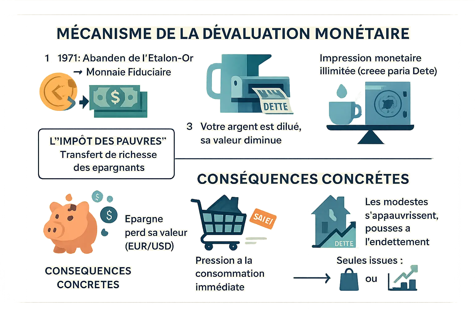 Schéma montrant le mécanisme de l'inflation et ses conséquences