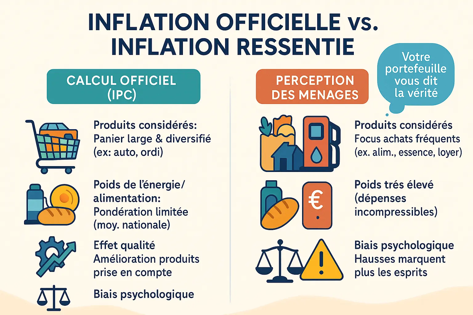Illustration expliquant la différence entre inflation officielle et ressentie