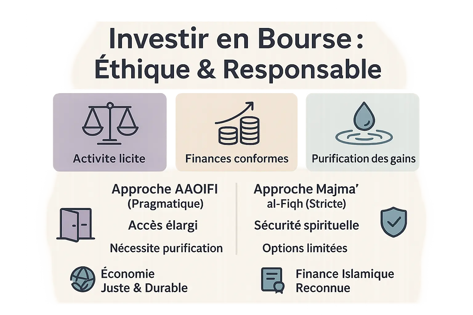 Illustration d'un portefeuille d'<strong>investissement éthique et responsable</strong> » width= »100% » /></p>
<p>Que vous choisissiez l’approche pragmatique ou stricte, chaque dirham investi porte un sens. Namlora vous guide pour <strong>unir profit et valeurs dans une économie humaine et durable</strong>.</p>
<p>Investir en bourse selon l’islam <strong>allie éthique et croissance</strong>, en suivant les critères d’activité licite, de conformité financière (AAOIFI/Majmaʿ al-Fiqh) et en purifiant les gains. Compatible avec les standards ESG, cette approche prouve qu’éthique et rendement peuvent coexister, pour un <strong>patrimoine aligné avec la foi</strong>.</p>
<h2>FAQ</h2>
<h3>Investir en bourse est-il interdit en Islam ?</h3>
<p>Non, l’investissement en bourse n’est <strong>pas interdit en Islam, mais il est strictement encadré</strong> par des principes éthiques et financiers. L’essentiel réside dans la nature de l’entreprise et sa gestion. Si l’activité est licite (comme la technologie ou l’agriculture) et que ses finances respectent des critères comme ceux de l’AAOIFI (moins de 5% de revenus haram, endettement inférieur à 33%), l’achat d’actions devient permis. L’objectif est de participer à l’économie réelle tout en évitant le riba (intérêt), le gharar (incertitude excessive) et le maysir (spéculation).</p>
<p>Le principe de maslaha (intérêt public) permet cette ouverture pour ne pas exclure les musulmans des marchés, à condition de purifier les gains issus de parts minimes d’activités interdites. C’est <strong>une voie équilibrée</strong> entre fidélité aux enseignements et adaptation à la réalité économique moderne.</p>
<h3>Est-il conforme d’acheter des actions selon les règles islamiques ?</h3>
<p>Oui, à deux conditions essentielles : d’abord, que l’entreprise ne soit pas active dans un secteur interdit (alcool, jeux, banques conventionnelles). Ensuite, que ses finances soient contrôlées. L’AAOIFI tolère jusqu’à <strong>5% de revenus haram et 33% d’endettement</strong> ou de liquidités à intérêt. Si ces seuils sont respectés, l’investisseur doit purifier sa part de bénéfices liés au haram en les reversant à l’aumône. Pour le Majmaʿ al-Fiqh, seul un investissement sans aucun lien avec le riba est sécurisant, mais cela limite fortement les options disponibles.</p>
<p>Cette approche reflète l’équilibre entre rigueur religieuse et pragmatisme. Des outils comme Zoya ou Musaffa aident à vérifier la conformité, <strong>rendant l’investissement accessible tout en respectant les valeurs islamiques</strong>.</p>
<h3>Le trading d’actions est-il autorisé selon les enseignements islamiques ?</h3>
<p>Le trading, surtout à court terme, soulève des débats en finance islamique. Contrairement à l’investissement de long terme, il peut ressembler à du maysir (jeu de hasard) ou du gharar (incertitude excessive), car il repose souvent sur la spéculation plutôt que sur la participation à une activité économique réelle. Les savants divergent sur ce point, mais la plupart le considèrent <strong>plus risqué sur le plan spirituel</strong>. </p>
<p>Si vous souhaitez rester dans les limites de la Shariʿah, privilégiez un <strong>investissement patient, orienté vers des entreprises durables et transparentes.</strong> Le trading, bien que parfois pratiqué, nécessite une vigilance accrue pour éviter les interdits.</p>
<h3>Où placer son argent de manière conforme à l’Islam ?</h3>
<p>Les options sont variées : privilégiez les entreprises dont l’activité principale est halal (technologie, santé, énergie renouvelable). Vérifiez leur conformité via des outils comme Zoya (basé sur les critères AAOIFI) ou optez pour des fonds islamiques, gérés par des professionnels et supervisés par un comité Charia. Les <strong>ETF Sharia-compliant</strong> simplifient l’accès à un portefeuille diversifié.</p>
<p>Si vous suivez l’approche de l’AAOIFI, n’oubliez pas de purifier vos gains (tathir) en reversant la part de bénéfices liés au haram. Pour une sérénité totale, le Majmaʿ al-Fiqh recommande d’<strong>éviter tout lien avec le riba</strong>, mais cela réduit les opportunités. L’or, les biens immobiliers ou les projets communautaires sont aussi des alternatives sécurisantes.</p>
<h3>Puis-je acheter des actions Apple en restant fidèle à ma foi ?</h3>
<p>Apple est une entreprise technologique, un secteur licite, mais il faut vérifier ses finances. Selon les données disponibles, son activité principale est conforme, mais elle utilise des financements bancaires et génère des revenus accessoires (comme des placements à intérêt). Si ses ratios respectent l’AAOIFI (moins de 5% de revenus haram, dette inférieure à 33%), <strong>l’achat est permis à condition de purifier les gains</strong>. En revanche, le Majmaʿ al-Fiqh conseille de l’éviter si vous cherchez une approche plus stricte.</p>
<p>Utilisez des plateformes comme Zoya pour obtenir un rapport de conformité précis. Cela vous évite de passer des heures à analyser les états financiers et garantit un alignement avec vos convictions.</p>
<h3>Pourquoi certains musulmans évitent-ils la bourse ?</h3>
<p>Deux raisons principales : d’une part, de nombreuses grandes entreprises ont des pratiques financières liées au riba (emprunts, placements à intérêt). D’autre part, certaines craignent de ne pas pouvoir purifier correctement leurs gains ou de manquer de transparence. Le Majmaʿ al-Fiqh <strong>préconise donc de s’éloigner du marché classique pour éviter tout risque</strong>. </p>
<p>En revanche, l’AAOIFI propose une voie pragmatique, autorisant une tolérance limitée pour ouvrir l’investissement aux musulmans. C’est un <strong>choix personnel, guidé par votre niveau de vigilance et votre confiance</strong> dans les outils de screening actuels.</p>
<h3>Les musulmans peuvent-ils intégrer le marché boursier ?</h3>
<p>Absolument, à condition de suivre les règles de la finance islamique. Le défi réside dans le filtrage des entreprises : certaines suivent les critères AAOIFI (tolérance encadrée), d’autres préfèrent l’intégrité absolue du Majmaʿ. Des outils comme Zoya facilitent cette sélection, en vous guidant vers des actions ou fonds conformes. Ainsi, vous pouvez <strong>contribuer à l’économie réelle sans transgresser les interdits</strong>.</p>
<p>Cette participation, bien que complexe, est encouragée par la notion de maslaha. Elle permet aux musulmans de faire <strong>fructifier leur épargne tout en restant ancrés dans les valeurs</strong> de justice et d’éthique.</p>
<h3>Les actions Tesla sont-elles un investissement halal ?</h3>
<p>Tesla, spécialisée dans l’automobile électrique, est active dans un secteur licite. Cependant, comme Apple, elle a recours à des financements bancaires. Pour valider sa conformité, vérifiez via Zoya ou Musaffa si ses revenus haram (intérêts reçus) restent sous la limite des 5% et si son endettement ne dépasse pas 33%. Si oui, <strong>l’achat est permis en appliquant la purification</strong>. Sinon, mieux vaut privilégier des entreprises plus transparentes.</p>
<p>En tant qu’investisseur engagé, vous pouvez aussi privilégier des <strong>startups verticalement halal</strong>, même si elles sont moins accessibles sur les marchés traditionnels.</p>
<h3>Le Coran parle-t-il directement des actions boursières ?</h3>
<p>Le Coran ne mentionne pas les actions en tant que telles, mais ses principes fondent la finance islamique. Il condamne le riba (2:275-280) et encourage la justice (4:160-161). Les actions sont donc évaluées à l’aune de ces règles : elles sont <strong>licites si elles représentent la propriété d’un business conforme</strong> et si les pratiques financières évitent les interdits. C’est une application moderne des textes sacrés à un contexte économique évolué.</p>
<p>Les savants contemporains, comme l’AAOIFI, adaptent ces enseignements aux réalités boursières, en intégrant la notion de maslaha pour permettre aux musulmans de <strong>s’intégrer aux marchés sans compromettre leur foi</strong>.</p>
]]></content:encoded>
					
					<wfw:commentRss>https://namlora.com/bourse-islam-halal-investir/feed/</wfw:commentRss>
			<slash:comments>0</slash:comments>
		
		<enclosure url=