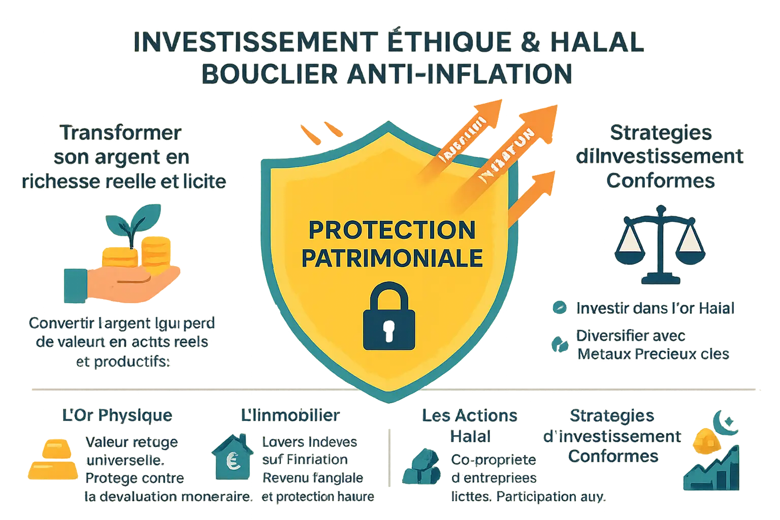 Illustration d'un coffre-fort contenant des pièces d'or, un immeuble et des actions halal, symbole de protection contre l'inflation