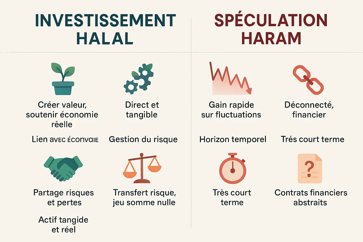 Illustration comparant investissement halal et spéculation haram