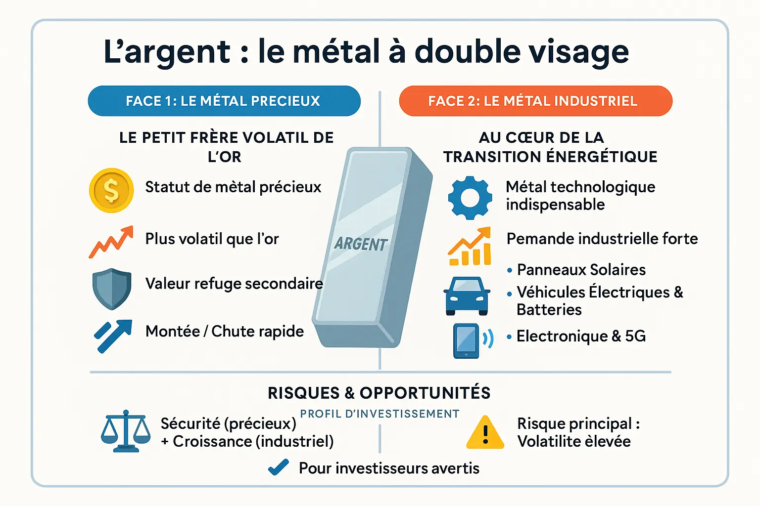 Représentation visuelle de l'argent comme métal précieux à double usage