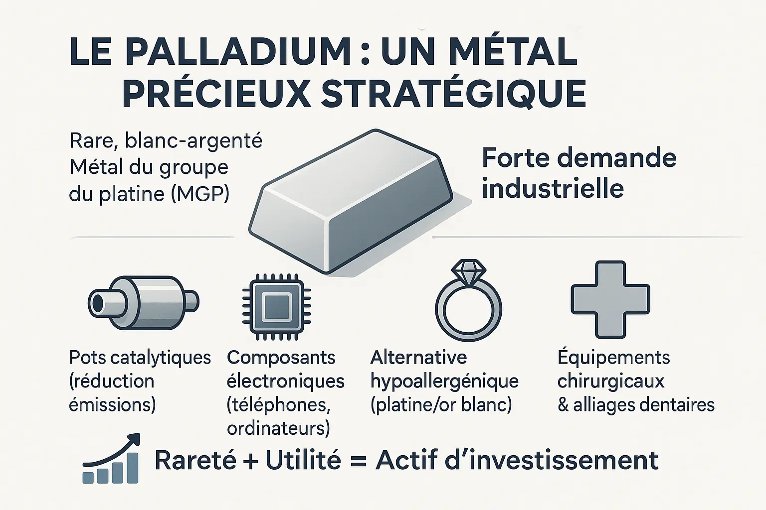 Le palladium, un <strong>métal précieux stratégique</strong>« ></p>
<p>Savez-vous que ce métal blanc argenté, souvent mis à l’écart au profit de l’or ou du platine, concentre une <strong>demande industrielle 3 fois supérieure à celle de la bijouterie</strong> ?</p>
<p>Le palladium est un métal précieux rare, découvert en 1803, qui brille par ses applications industrielles. Contrairement à l’or, il ne sert pas qu’aux placements ou aux bijoux. Sa force réside dans <strong>son utilisation dans des secteurs critiques</strong>.</p>
<ul>
<li>Automobile : Il filtre 90 % des gaz toxiques dans les pots catalytiques, un rôle clé pour <strong>réduire la pollution</strong>.</li>
<li><strong>Électronique</strong> : Présent dans les condensateurs ou les composants de smartphones, il est indispensable aux technologies modernes.</li>
<li>Bijouterie : Léger et hypoallergénique, il sert à des <strong>alliances durables, sans besoin de rhodiage</strong>.</li>
<li>Santé : Employé pour des instruments chirurgicaux ou des alliages dentaires, il allie <strong>précision et résistance</strong>.</li>
</ul>
<p>Extrêmement rare, son extraction se concentre en Russie (40 % de la production mondiale), Afrique du Sud et Canada. <strong>La guerre en Ukraine a d’ailleurs fait bondir son prix</strong> de 3 000 USD l’once en 2022, avant une correction liée à l’essor des véhicules électriques.</p>
<p>Cette forte demande industrielle, couplée à une offre instable, en fait un actif volatil. Pourtant, sa valeur physique en fait un candidat sérieux pour une diversification de portefeuille, à condition de <strong>respecter les principes islamiques</strong>. Mais quels sont ces critères ? La réponse dans la suite de cet article…</p>
<h2 id=