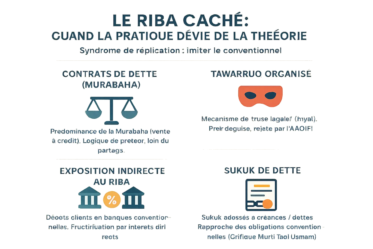 Schéma comparatif entre <strong>finance islamique théorique et pratiques dérivées</strong>