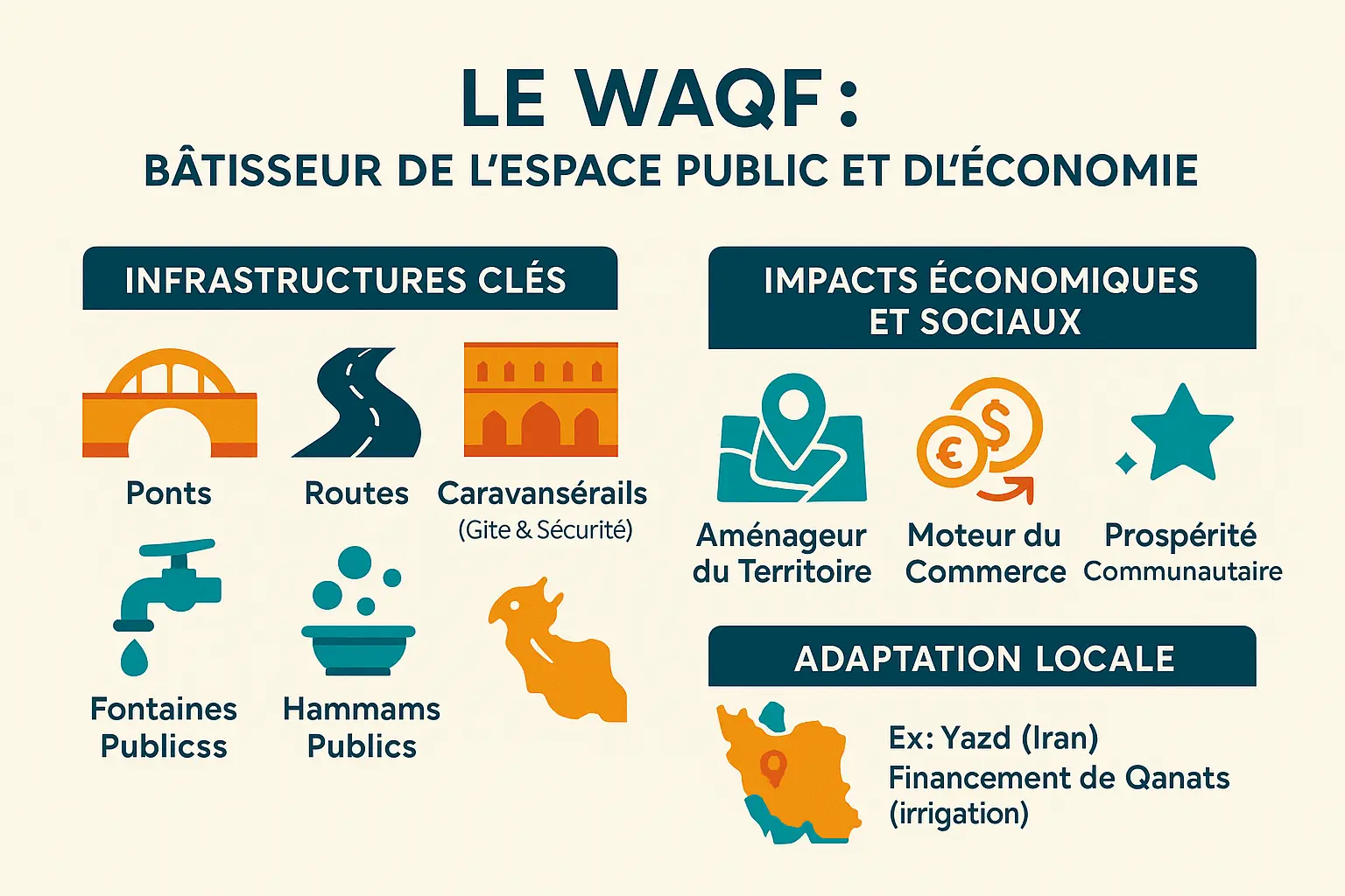 Illustration des <strong>infrastructures financées par waqf</strong> : ponts, routes et fontaines historiques