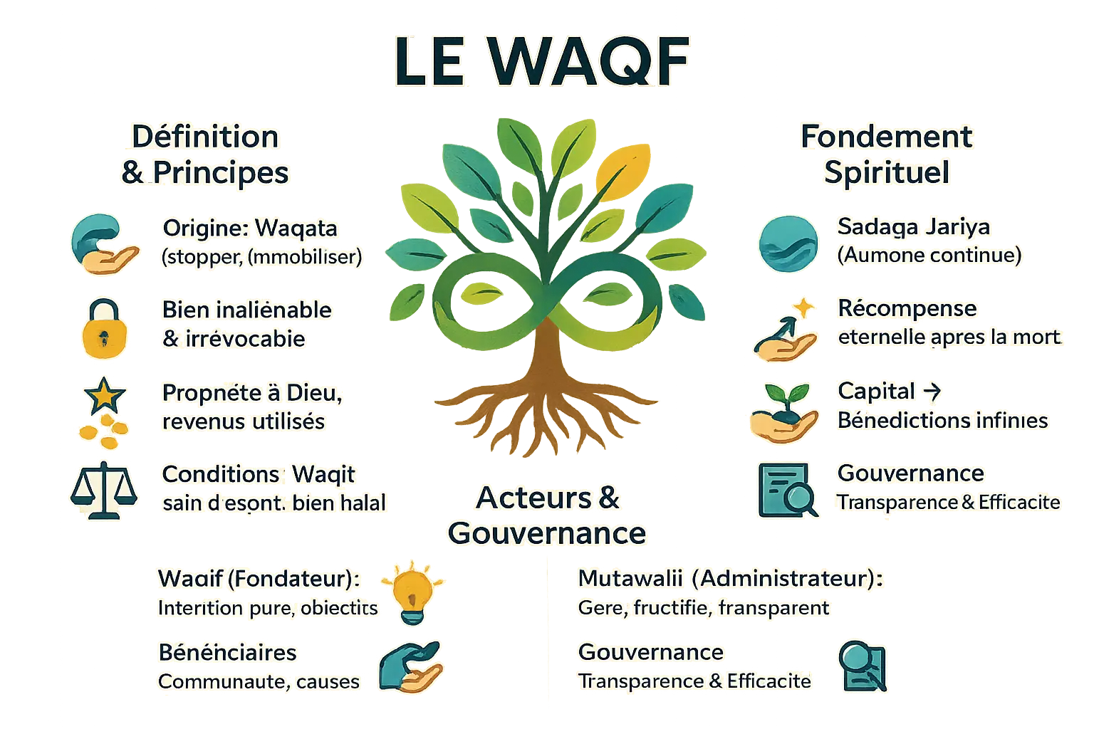 Représentation visuelle des principes du Waqf : équilibre entre spiritualité et développement économique durable