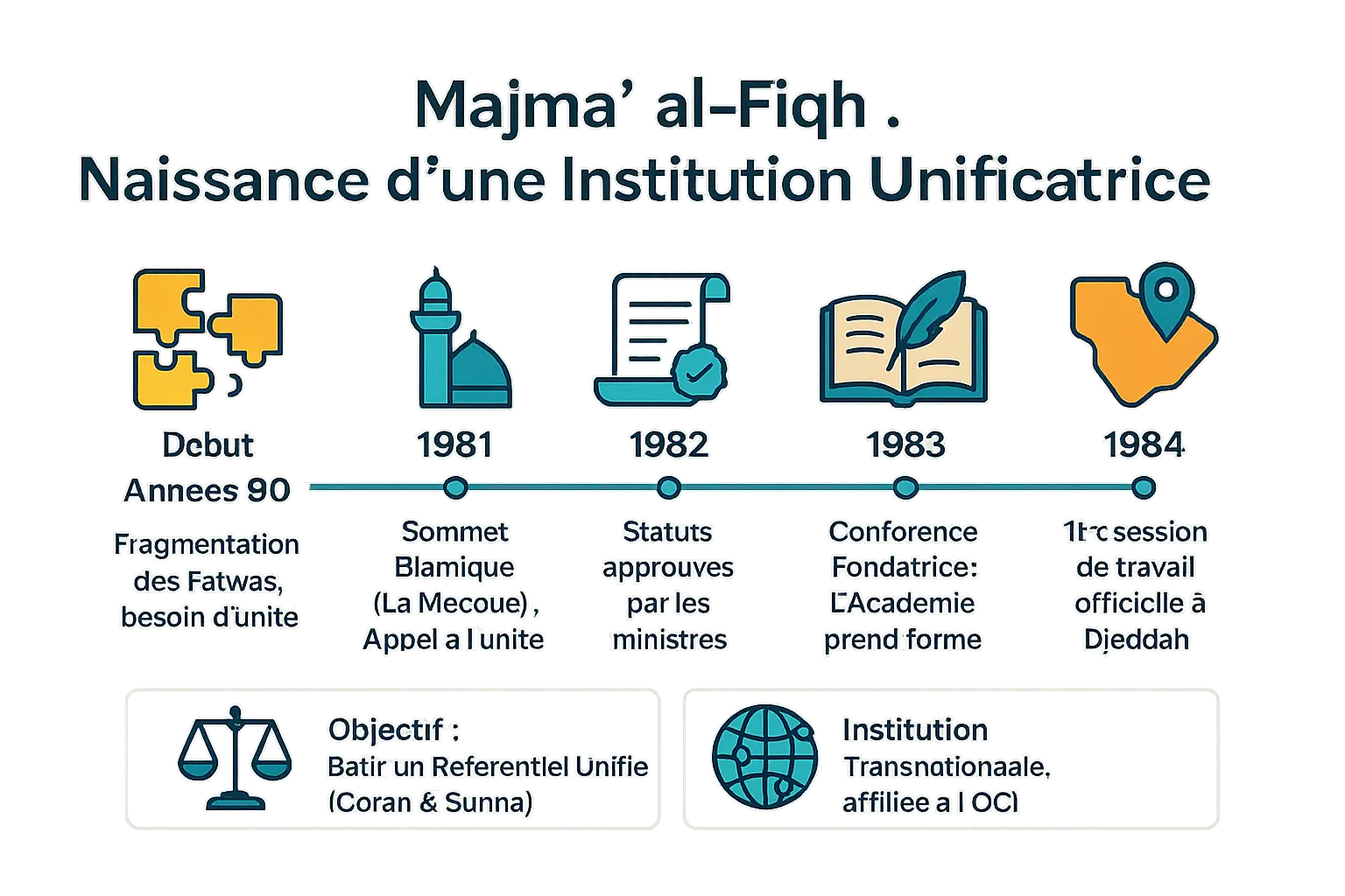 Illustration de la naissance du Majma' al-Fiqh al-Islami à Djeddah en 1983