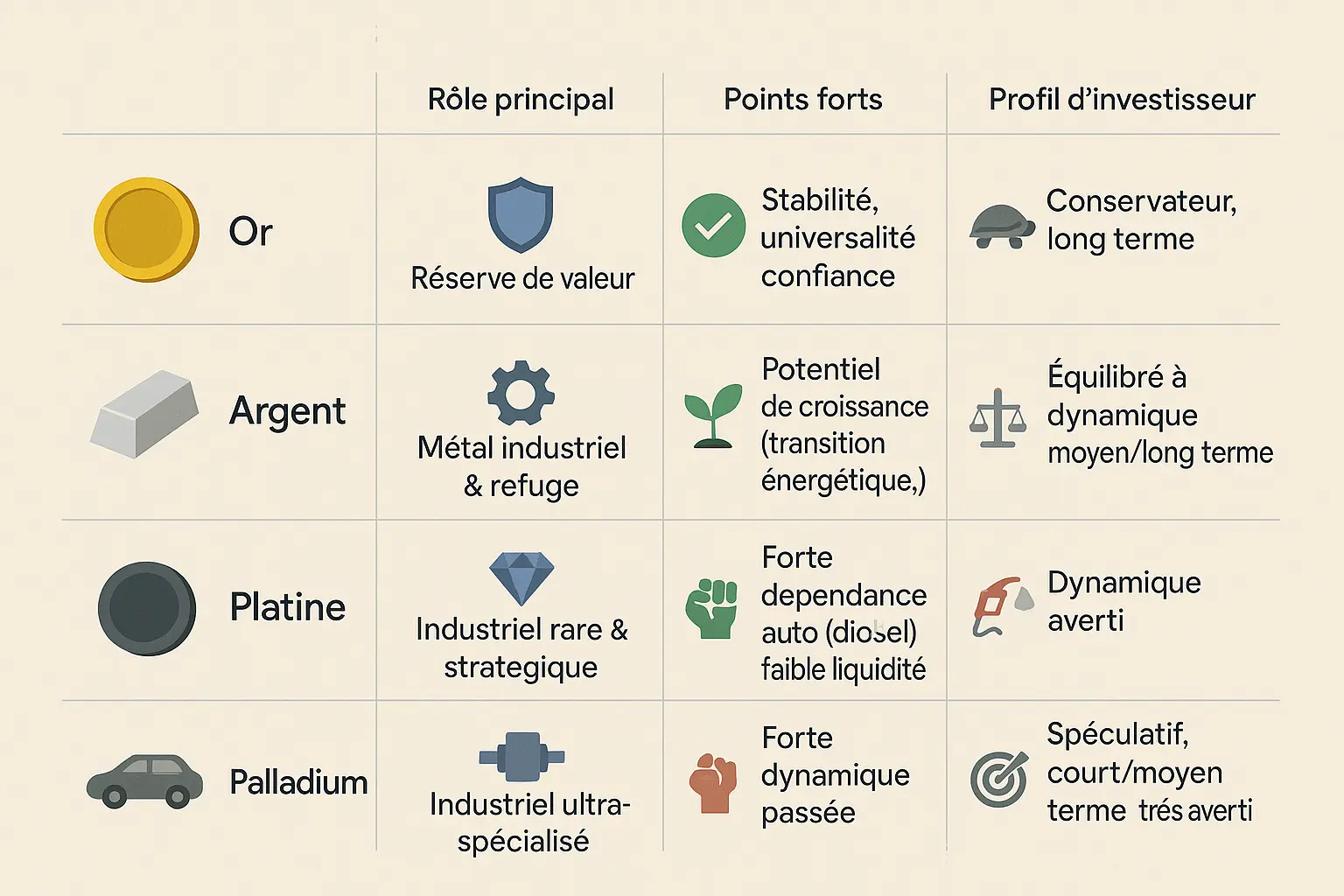 Comparaison des métaux précieux pour l'investissement