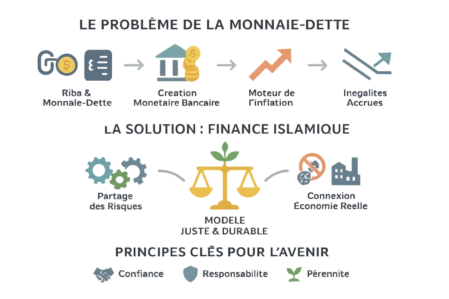 <strong>Comparaison entre la monnaie-dette et la finance islamique</strong> » /></p>
<p>La finance islamique propose un modèle juste et stable, rompant avec le Riba pour <strong>relier finance et économie réelle</strong>. En partageant risques et profits, elle <strong>combat l’inflation injuste et les inégalités</strong>. Chaque choix d’investissement éthique trace le chemin vers <strong>un système plus responsable</strong>. Ensemble, construisons une économie où <strong>la confiance et la pérennité guident chaque décision</strong>.</p>
<h2>FAQ</h2>
<h3>Les riches paient-ils moins d’impôts que les pauvres ?</h3>
<p>En réalité, le système fiscal traditionnel est loin d’être équitable. Si les riches paient en apparence des impôts plus élevés en montant absolu, l’inflation agit comme une <strong>« taxe cachée » qui frappe proportionnellement plus les ménages modestes</strong>. En effet, l’inflation réduit le pouvoir d’achat de la monnaie, touchant principalement ceux qui détiennent peu d’actifs réels (comme l’immobilier ou l’or). Les riches, eux, ont tendance à investir dans ces actifs dont la valeur augmente avec l’inflation, les protégeant ainsi de sa morsure.</p>
<p>Imaginez un arbre : les racines (les pauvres) sont exposées à l’érosion du sol (l’inflation), tandis que le tronc et les branches (les riches) grandissent grâce à la lumière (les actifs réels). Cette dynamique inégale est renforcée par le système de la monnaie-dette basé sur le Riba, où l’intérêt garantit un profit sans risque à ceux qui contrôlent la création monétaire. Le système agit donc comme un <strong>filtre inversé, transférant de la valeur</strong> du bas vers le haut.</p>
<h3>Comment l’inflation affecte-t-elle les pauvres ?</h3>
<p>Pour les ménages précaires, <strong>l’inflation est un fardeau silencieux mais puissant</strong>. Elle diminue la valeur de leurs salaires et de leurs épargnes, sans qu’ils n’aient leur mot à dire. Prenez le quotidien d’un ouvrier : il dépense une grande partie de ses revenus en biens essentiels (nourriture, logement, énergie), dont les prix montent plus vite que l’inflation moyenne. Son épargne, souvent en cash, perd de sa valeur, tandis que les riches investissent dans des actifs qui s’apprécient avec l’inflation.</p>
<p>Imaginez un équilibre fragile où chaque euro gagné vaut de moins en moins. C’est comme si, chaque mois, votre salaire était un peu plus léger, sans contrepartie. Le Riba, en alimentant la création monétaire, est la cause mécanique de ce déséquilibre. Les pauvres paient donc le prix d’un système qui favorise ceux qui en sont les créateurs, transformant <strong>l’inflation en un impôt des pauvres</strong>.</p>
<h3>Qui s’enrichit pendant l’inflation ?</h3>
<p><strong>Les principaux bénéficiaires de l’inflation</strong> sont les créateurs du système monétaire : les banques et les acteurs financiers. Grâce au Riba, chaque prêt génère de l’argent neuf, créant un profit garanti pour les prêteurs. En parallèle, les riches, qui investissent massivement dans des actifs réels (immobilier, métaux précieux), voient la valeur de leurs avoirs croître avec l’inflation, tandis que leur dette réelle diminue.</p>
<p>Prenez un exemple simple : un propriétaire immobilier avec un prêt profite d’une baisse de la valeur de sa dette, tandis que son bien s’apprécie. Ce mécanisme est comme un double avantage : gagner sur la dette et sur l’actif. Les pauvres, eux, n’ont souvent pas cette possibilité. Le Riba, en permettant cette dynamique, <strong>creuse les inégalités</strong>, enrichissant ceux qui maîtrisent le jeu de la monnaie-dette.</p>
<h3>L’inflation est-elle un impôt régressif ?</h3>
<p>Oui, <strong>l’inflation est souvent comparée à un impôt régressif</strong>, car elle prélève davantage les ménages modestes. Contrairement à un impôt progressif (où les riches paient plus en proportion), l’inflation affecte tout le monde de la même manière, mais son impact est plus lourd pour ceux qui ont peu. Les pauvres dépensent une part plus grande de leurs revenus en dépenses contraintes (logement, alimentation), des postes fortement impactés par l’inflation.</p>
<p>C’est comme un impôt invisible : personne ne le voit, mais chacun en subit les effets. Le Riba, en incitant les banques à une expansion monétaire continue, est le moteur de cette ponction. Ce système redistribue mécaniquement de la valeur des ménages vers les créateurs de monnaie, <strong>transformant l’inflation en un outil d’injustice économique systémique</strong>.</p>
<h3>Pourquoi les pauvres paient-ils plus d’impôts que les riches ?</h3>
<p>Les pauvres ne paient pas plus d’impôts en apparence, mais en réalité, <strong>l’inflation agit comme un impôt déguisé</strong> qui les frappe de manière disproportionnée. Leurs salaires, versés en monnaie fiduciaire, perdent de leur valeur année après année, tandis que les riches investissent dans des actifs réels (comme l’immobilier) protégés de cette érosion. De plus, les pauvres, souvent contraints d’emprunter pour des besoins essentiels, paient des intérêts supplémentaires qui alourdissent leur charge.</p>
<p>C’est un peu comme si tout le monde portait le même manteau, mais que seuls les plus vulnérables sentaient le froid. Le Riba, en rendant la vie plus chère via l’inflation et les prêts, agit comme une <strong>double peine</strong> : les pauvres paient d’une part des intérêt directs sur leurs emprunts et d’autre part une part invisible d’inflation, sans bénéficier des protections dont disposent les plus aisés.</p>
<h3>Quel salaire pour être considéré comme pauvre ?</h3>
<p>En France, le seuil de pauvreté est fixé à 60 % du revenu médian, soit environ 1 200 € nets mensuels pour une personne seule en 2023. Ce seuil traduit une réalité : les ménages sous ce seuil ont des <strong>difficultés à couvrir leurs besoins de base</strong> (logement, alimentation, soins). L’inflation frappe ces ménages en premier, car une grande partie de leurs dépenses concerne des biens essentiels dont les prix augmentent souvent plus vite que l’inflation générale.</p>
<p>Le Riba, en alimentant l’inflation, aggrave cette situation. Un travailleur au SMIC, par exemple, voit son épargne et son salaire perdre de leur pouvoir d’achat, tandis qu’un investisseur a les moyens de se protéger en diversifiant ses actifs. Ce mécanisme transforme l’inflation en une machine à <strong>creuser les écarts, rendant la pauvreté plus persistante</strong>.</p>
<h3>L’inflation est-elle meilleure pour les riches ou pour les pauvres ?</h3>
<p><strong>L’inflation profite principalement aux riches</strong>, qui disposent d’outils pour s’en protéger. En investissant dans des actifs réels (comme l’immobilier ou les métaux précieux), ils préservent leur capital. En revanche, les pauvres, qui détiennent plus d’argent liquide et dépensent une grande partie de leurs revenus en dépenses fixes, subissent une double ponction : une baisse de leur pouvoir d’achat et un accès plus difficile aux prêts qui pourraient les aider à investir.</p>
<p>Le Riba est au cœur de ce déséquilibre. En incitant les banques à créer toujours plus de monnaie-dette, il génère de l’inflation, un phénomène qui <strong>favorise les détenteurs de capital au détriment des travailleurs</strong>. C’est un peu comme cultiver un jardin : les riches récoltent les fruits de la croissance, tandis que les pauvres doivent se battre contre les mauvaises herbes de l’inflation.</p>
<h3>Qui souffre le plus de l’inflation ?</h3>
<p>Les ménages précaires sont <strong>les plus touchés par l’inflation</strong>. Leur budget est tendu vers les dépenses essentielles (logement, alimentation, énergie), des postes sensibles à la hausse des prix. En parallèle, leur épargne, souvent en cash ou à faible rendement, perd de sa valeur. Les retraités, les chômeurs ou les travailleurs à temps partiel, dont les revenus sont stables ou limités, ressentent encore plus durement ces effets.</p>
<p>Le Riba, en amplifiant l’inflation via un système de monnaie-dette, aggrave cette vulnérabilité. Pour les plus fragiles, c’est comme un orage économique : sans filet, chaque goutte (chaque euro perdu de pouvoir d’achat) est une épreuve. <strong>Les riches, eux, ont des parapluies solides</strong>, comme les actifs réels ou les investissements protégés de l’érosion monétaire.</p>
<h3>Pourquoi perd-on de l’argent avec l’inflation ?</h3>
<p>L’inflation érode la valeur de la monnaie : avec le temps, un euro achète moins de biens et services. Cela touche particulièrement les épargnants, dont le capital perd du terrain, et les travailleurs, dont les salaires, bien que parfois indexés, ne suivent pas toujours le rythme des prix. Cette perte n’est pas un simple risque, mais un <strong>mécanisme structurel alimenté par le système basé sur le Riba</strong>.</p>
<p>En fait, <strong>l’inflation est une redistribution silencieuse</strong> : elle transfère de la richesse des épargnants vers les créateurs de monnaie (les banques) et les détenteurs d’actifs réels (les riches). Le Riba, en incitant à la création monétaire, est le moteur de cette perte collective. C’est comme un filet invisible qui laisse filer la valeur de vos économies, au profit de ceux qui contrôlent les vannes de la création financière.</p>
		</div>
		
		
		
		
		<nav class=