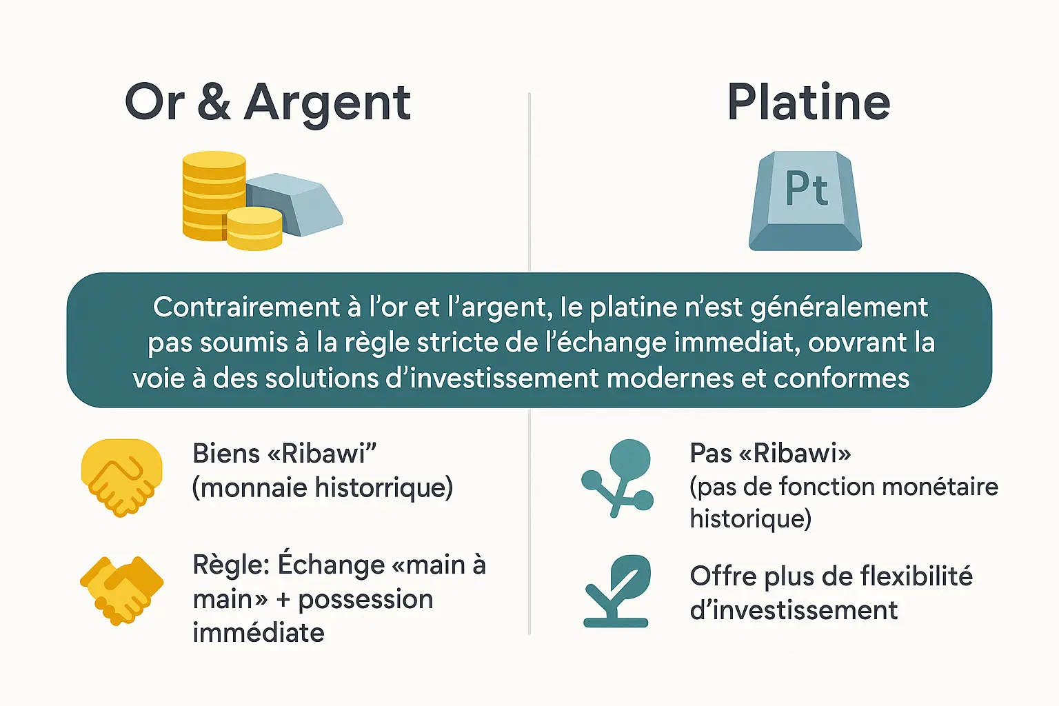 Comparaison visuelle entre l'or, l'argent et le platine selon les principes de la finance islamique