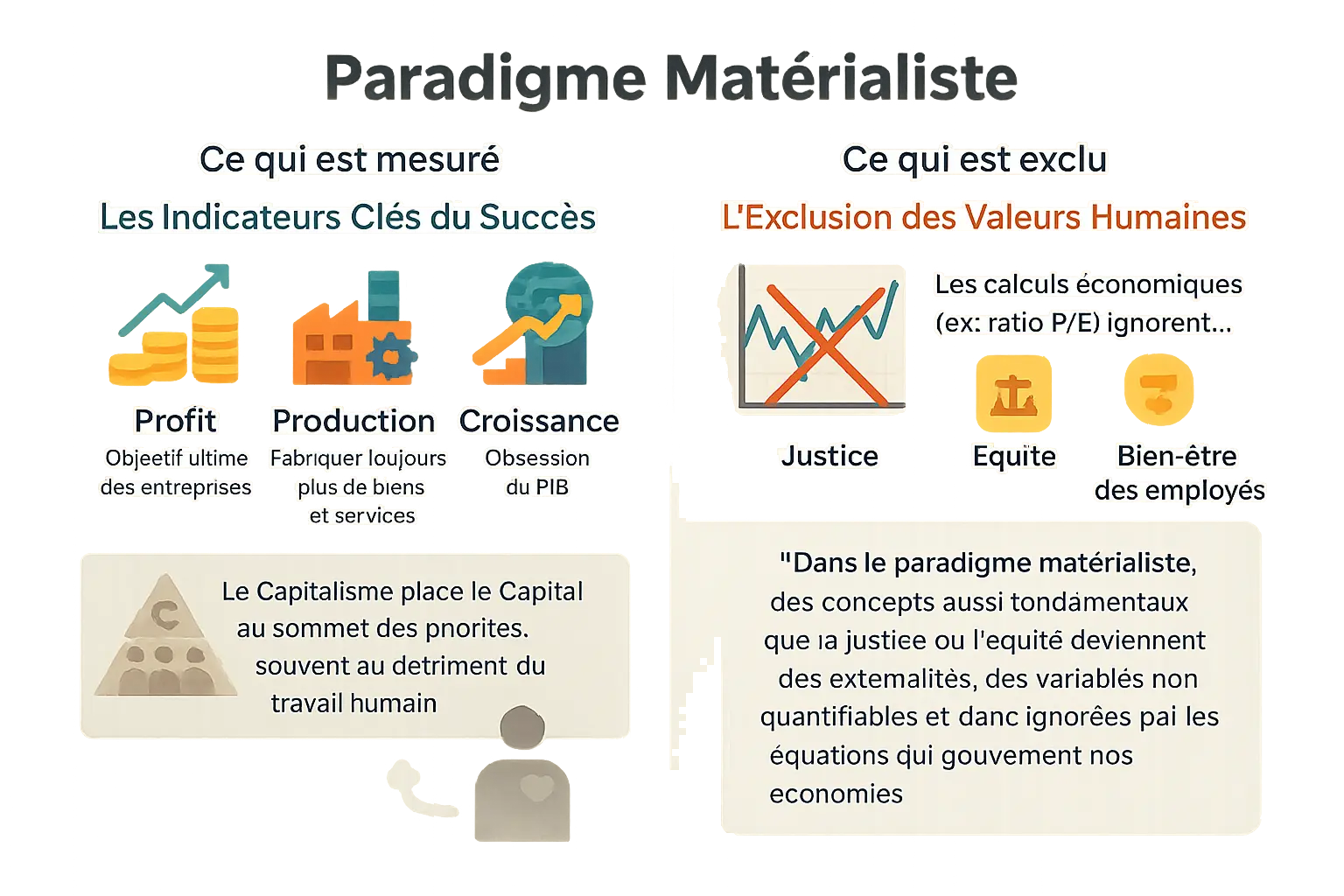 Illustration du paradigme matérialiste mettant en contraste les indicateurs économiques matériels et l'exclusion des valeurs humaines