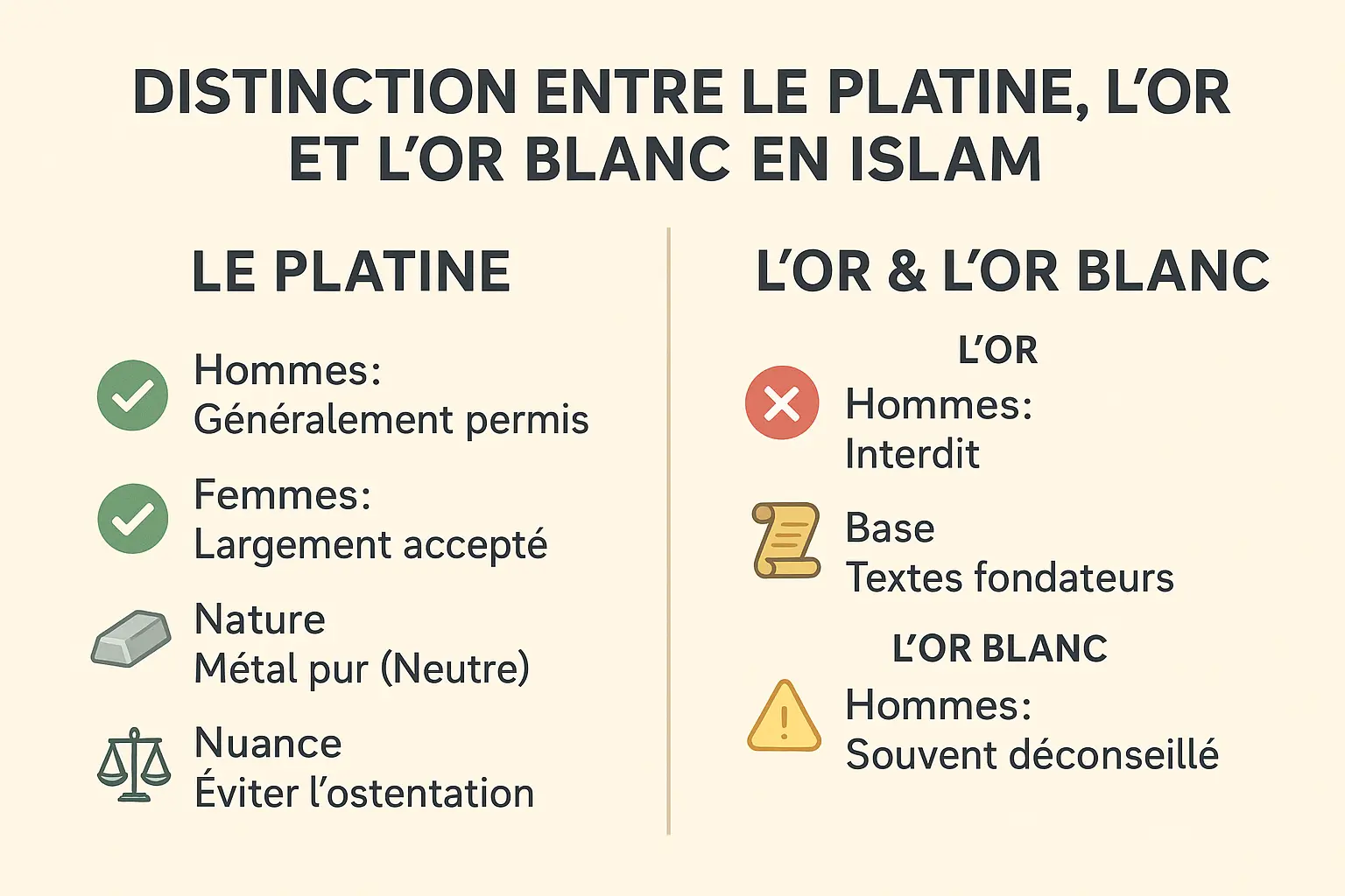 Différences entre platine, or et or blanc en Islam