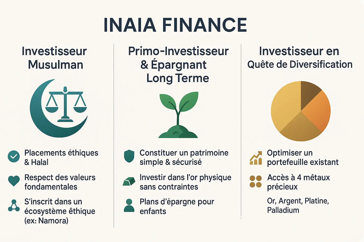 <strong>Profils d’investisseurs Inaia Finance</strong> » /></p>
<p>Inaia Finance s’adresse principalement aux <strong>investisseurs musulmans soucieux de la conformité islamique</strong>, aux épargnants à long terme et à ceux cherchant à diversifier leur portefeuille avec des métaux précieux.</p>
<h3 id=