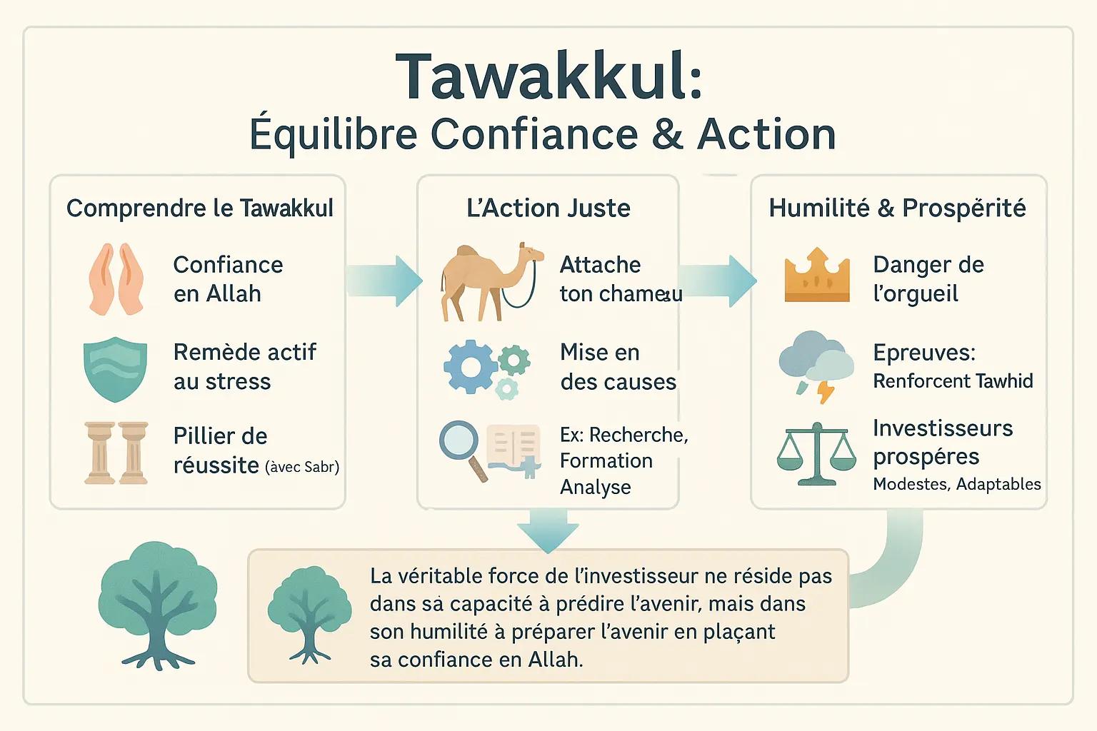 Illustration de l'équilibre entre confiance en Allah et action juste dans l'investissement islamique