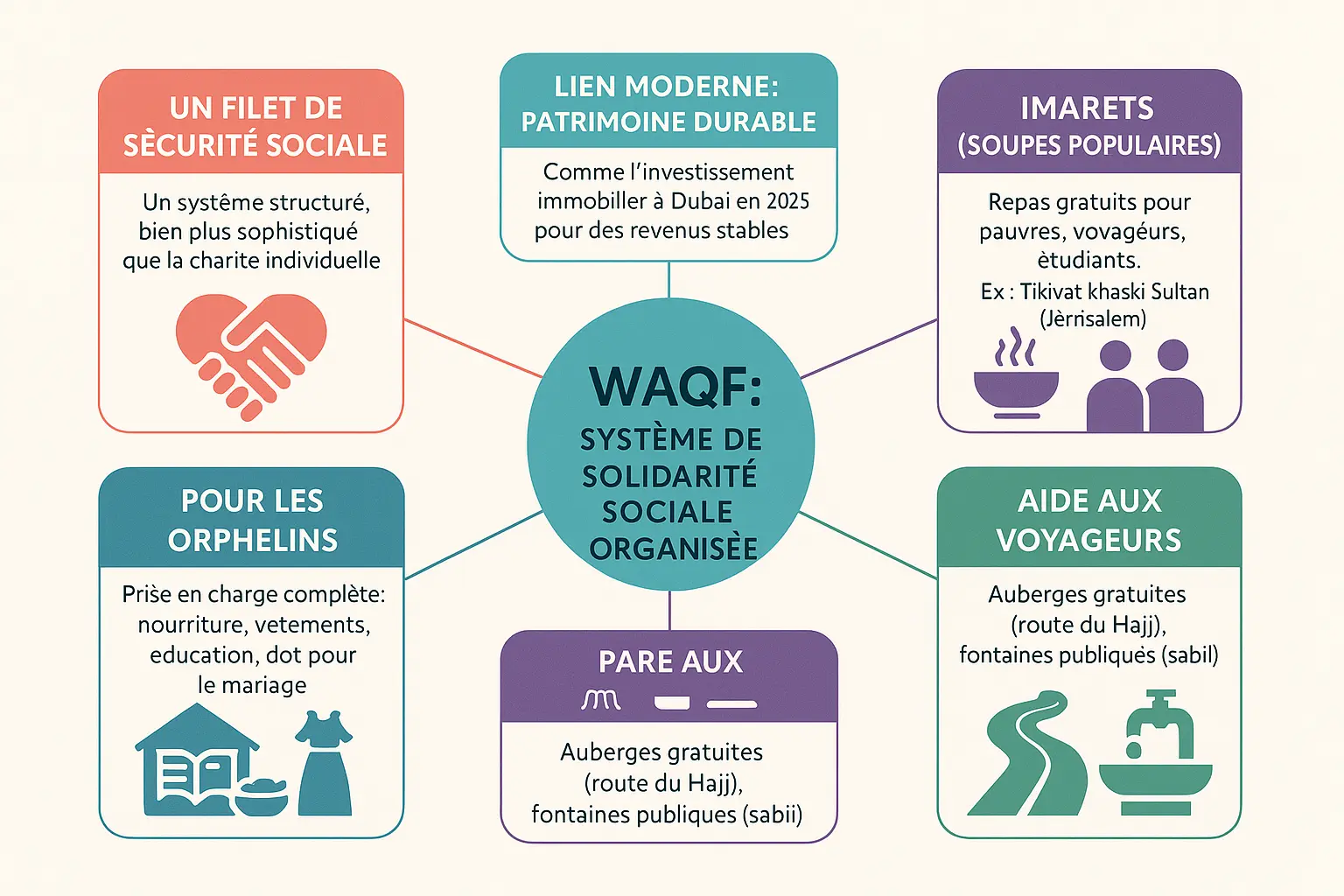 Illustration du système de solidarité sociale organisé par les waqf