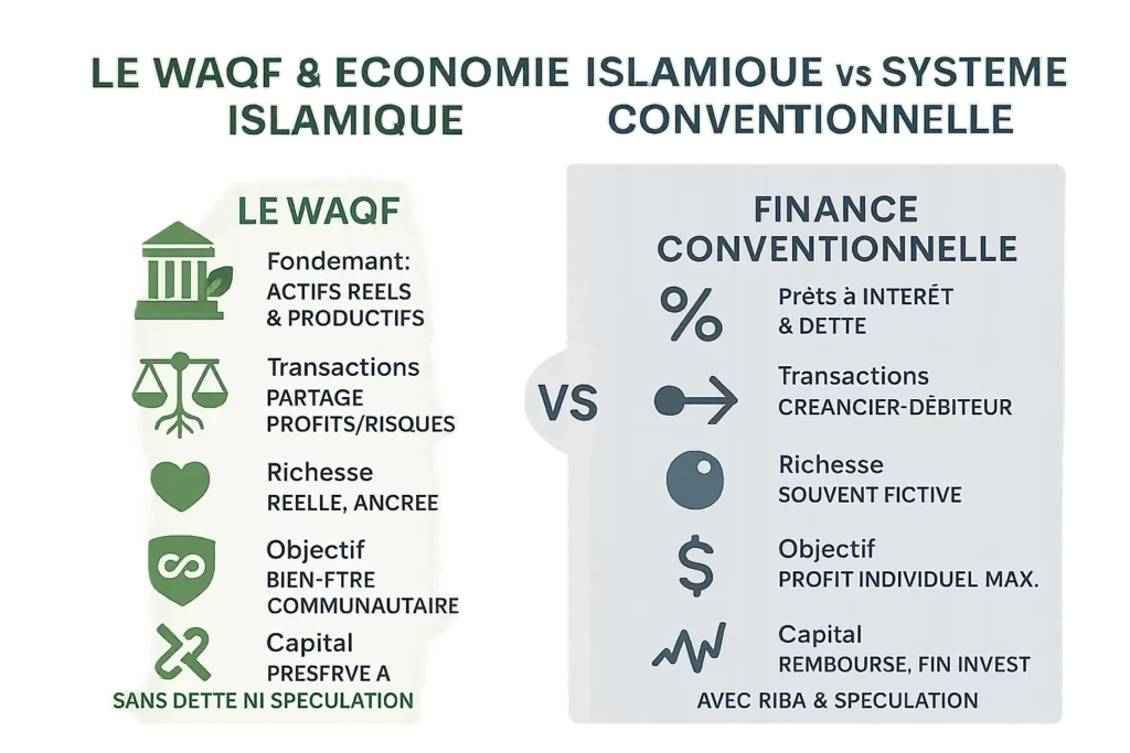 illustration représentant les différence entre le waqf économie et un systeme financier conventionnelle