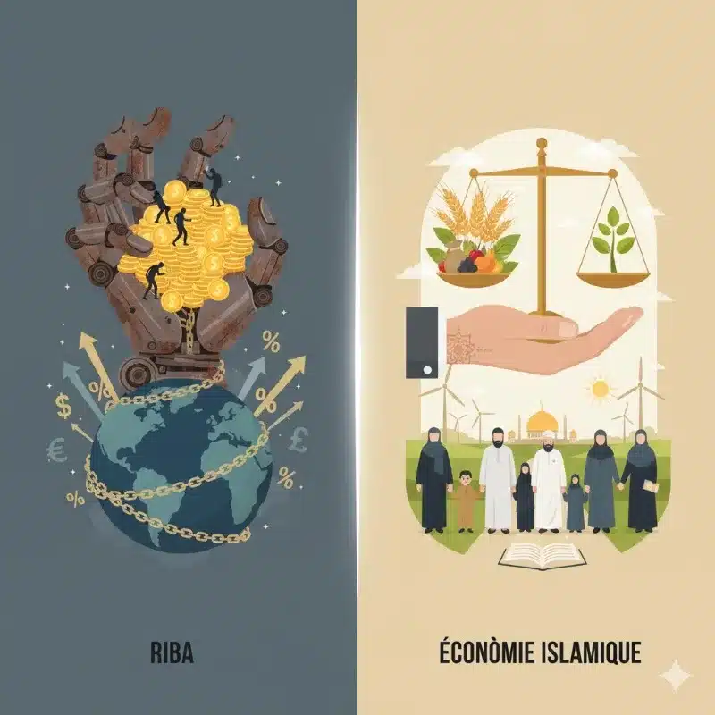 Illustration du riba comme outil de domination financière mondiale, opposé à l’économie islamique éthique et équitable